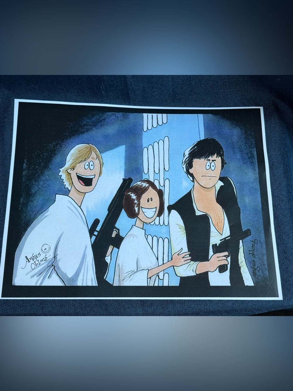 Hand Signed Angus Oblong Star Wars Art Print - Parody Luke Leia Han Solo